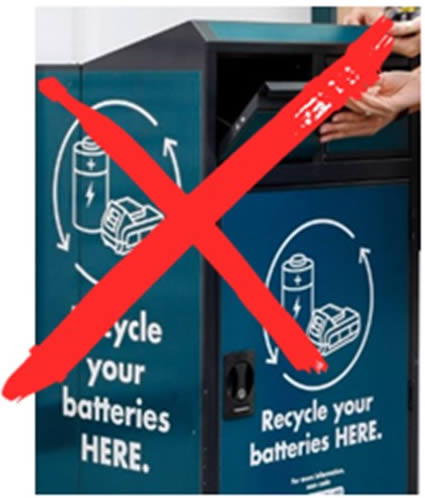 A cross over a damaged battery being deposited at a battery recycling collection point.