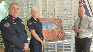 L-R Deputy Commissioner Murray Smalpage; 2020 NT Police Officer of the Year Constable 1st Class Jacqueline Nicholson; Rotary Club of Darwin President Mr Paul Simon